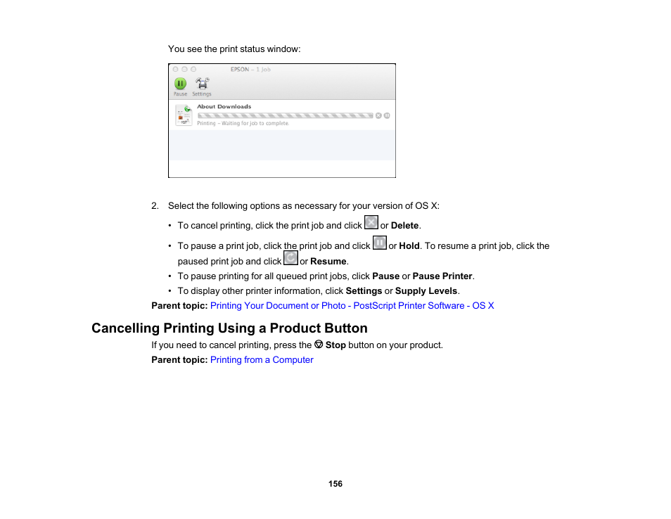 Cancelling printing using a product button | Epson WorkForce Pro WF-6090 Printer with PCL/PostScript User Manual | Page 156 / 252