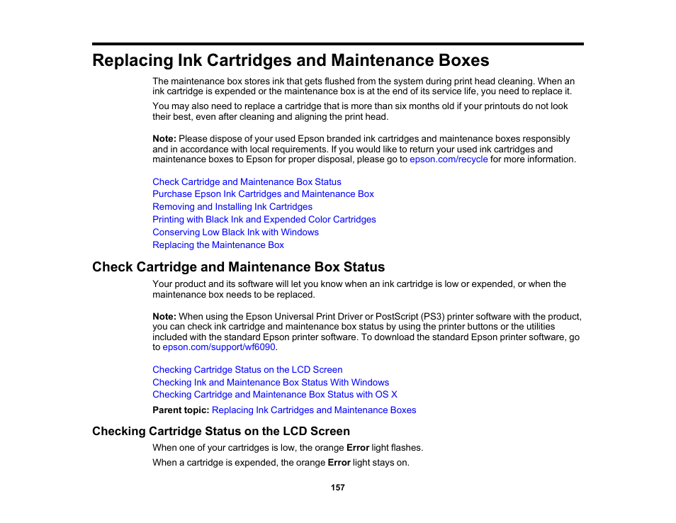 Replacing ink cartridges and maintenance boxes, Check cartridge and maintenance box status, Checking cartridge status on the lcd screen | Epson WorkForce Pro WF-6090 Printer with PCL/PostScript User Manual | Page 157 / 252