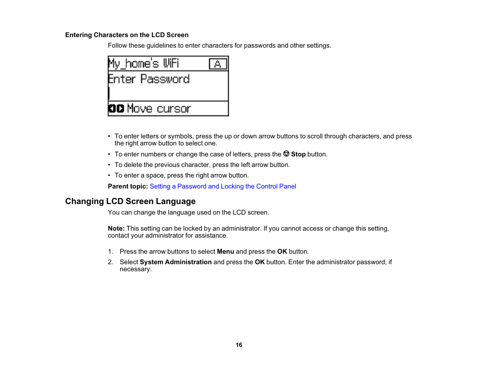 Entering characters on the lcd screen, Changing lcd screen language | Epson WorkForce Pro WF-6090 Printer with PCL/PostScript User Manual | Page 16 / 252