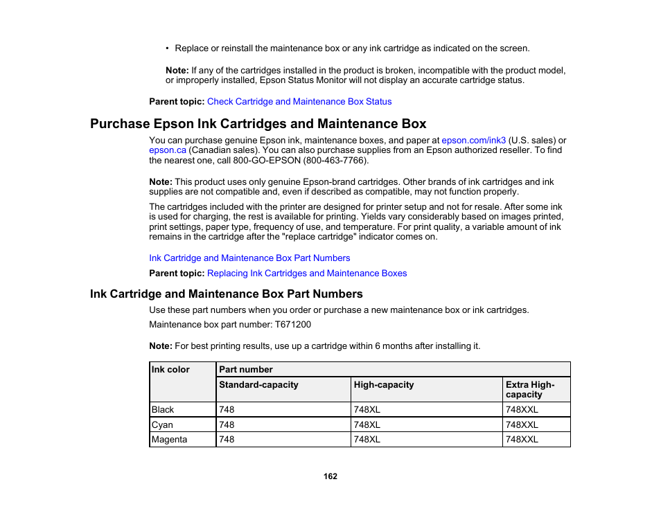 Purchase epson ink cartridges and maintenance box, Ink cartridge and maintenance box part numbers | Epson WorkForce Pro WF-6090 Printer with PCL/PostScript User Manual | Page 162 / 252