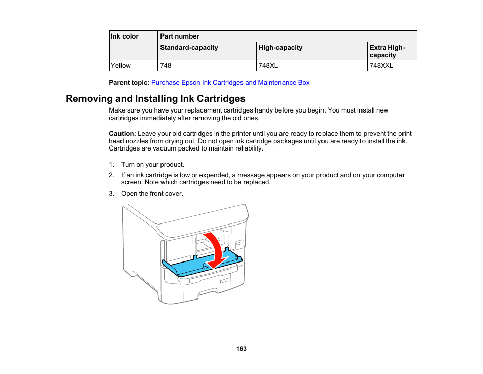 Removing and installing ink cartridges | Epson WorkForce Pro WF-6090 Printer with PCL/PostScript User Manual | Page 163 / 252