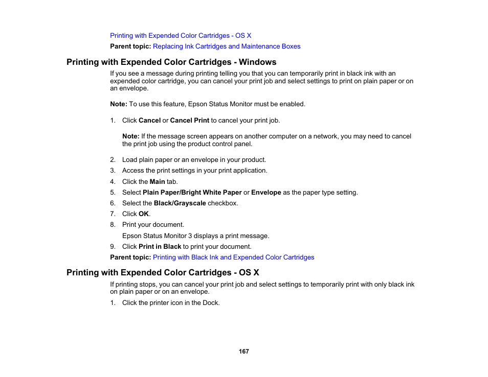 Printing with expended color cartridges - windows, Printing with expended color cartridges - os x | Epson WorkForce Pro WF-6090 Printer with PCL/PostScript User Manual | Page 167 / 252