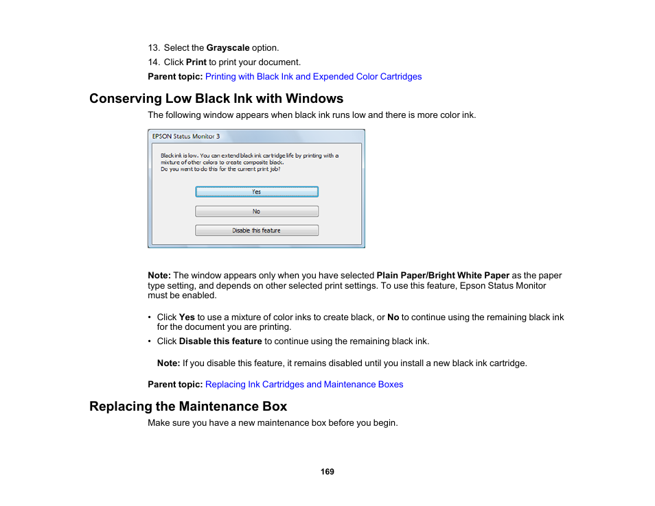 Conserving low black ink with windows, Replacing the maintenance box | Epson WorkForce Pro WF-6090 Printer with PCL/PostScript User Manual | Page 169 / 252