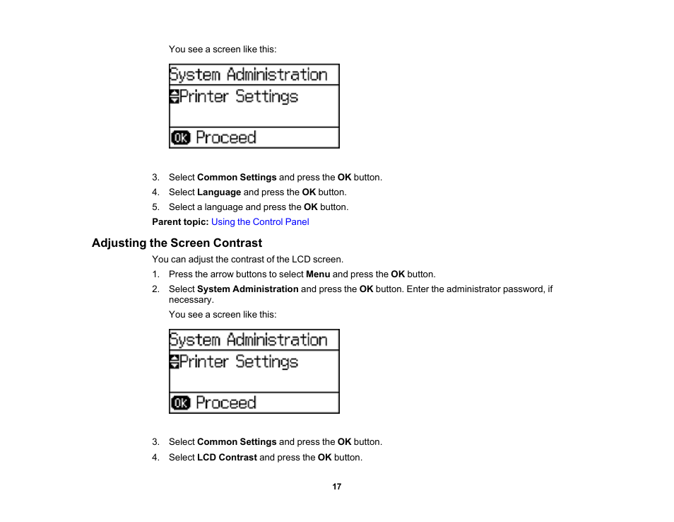 Adjusting the screen contrast | Epson WorkForce Pro WF-6090 Printer with PCL/PostScript User Manual | Page 17 / 252