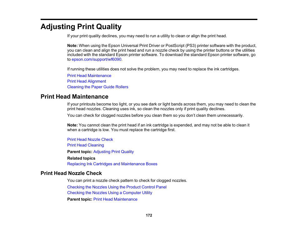 Adjusting print quality, Print head maintenance, Print head nozzle check | Epson WorkForce Pro WF-6090 Printer with PCL/PostScript User Manual | Page 172 / 252