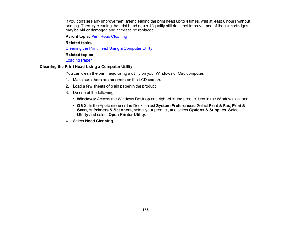 Cleaning the print head using a computer utility | Epson WorkForce Pro WF-6090 Printer with PCL/PostScript User Manual | Page 178 / 252