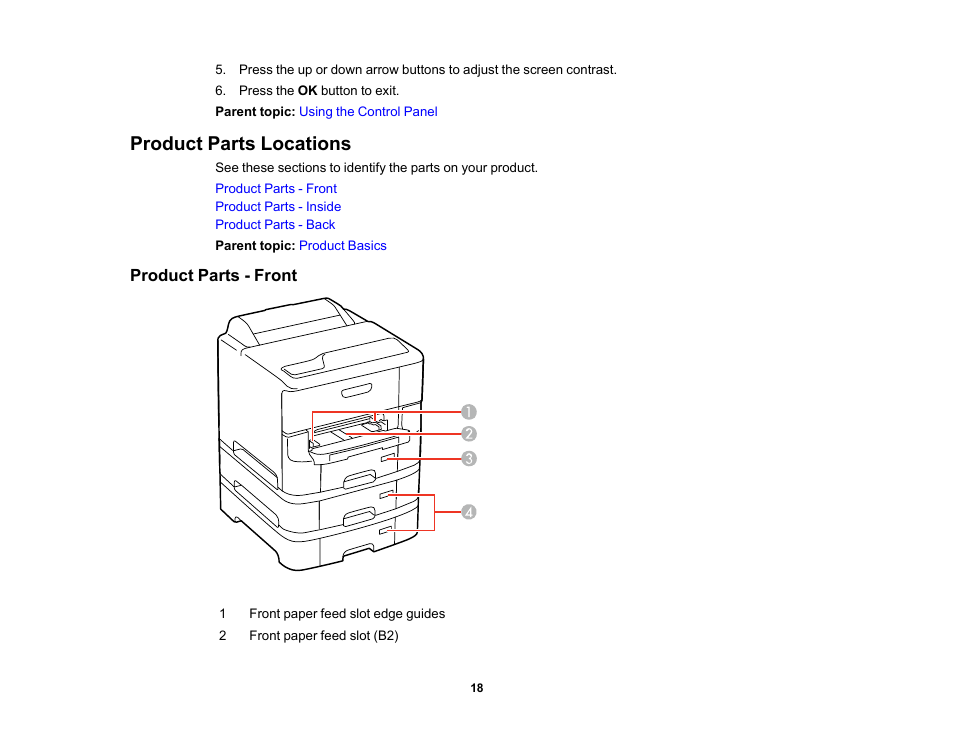 Product parts locations, Product parts - front | Epson WorkForce Pro WF-6090 Printer with PCL/PostScript User Manual | Page 18 / 252