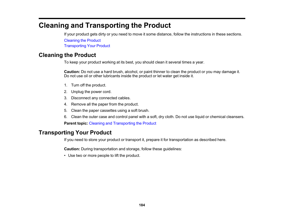 Cleaning and transporting the product, Cleaning the product, Transporting your product | Cleaning the product transporting your product | Epson WorkForce Pro WF-6090 Printer with PCL/PostScript User Manual | Page 184 / 252