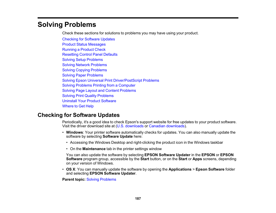 Solving problems, Checking for software updates | Epson WorkForce Pro WF-6090 Printer with PCL/PostScript User Manual | Page 187 / 252