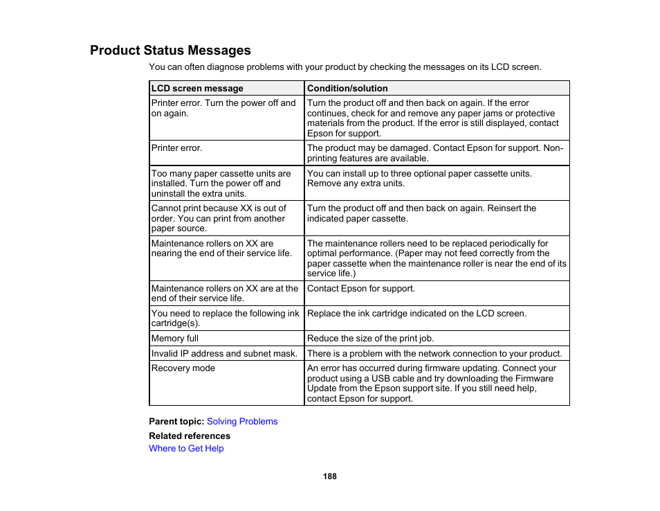 Product status messages | Epson WorkForce Pro WF-6090 Printer with PCL/PostScript User Manual | Page 188 / 252