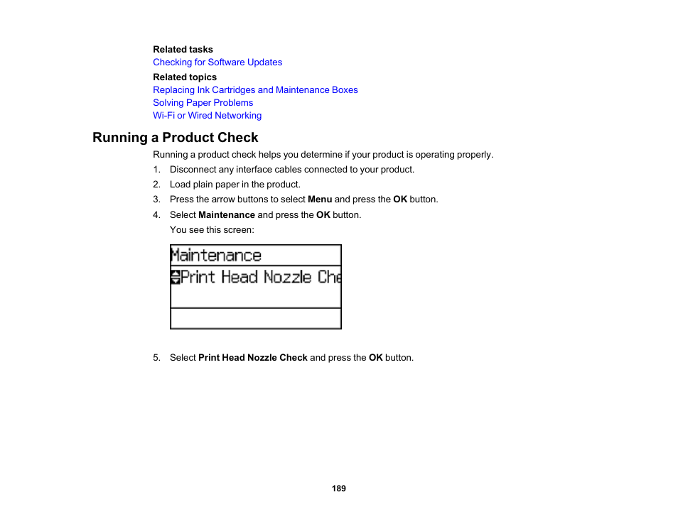 Running a product check | Epson WorkForce Pro WF-6090 Printer with PCL/PostScript User Manual | Page 189 / 252