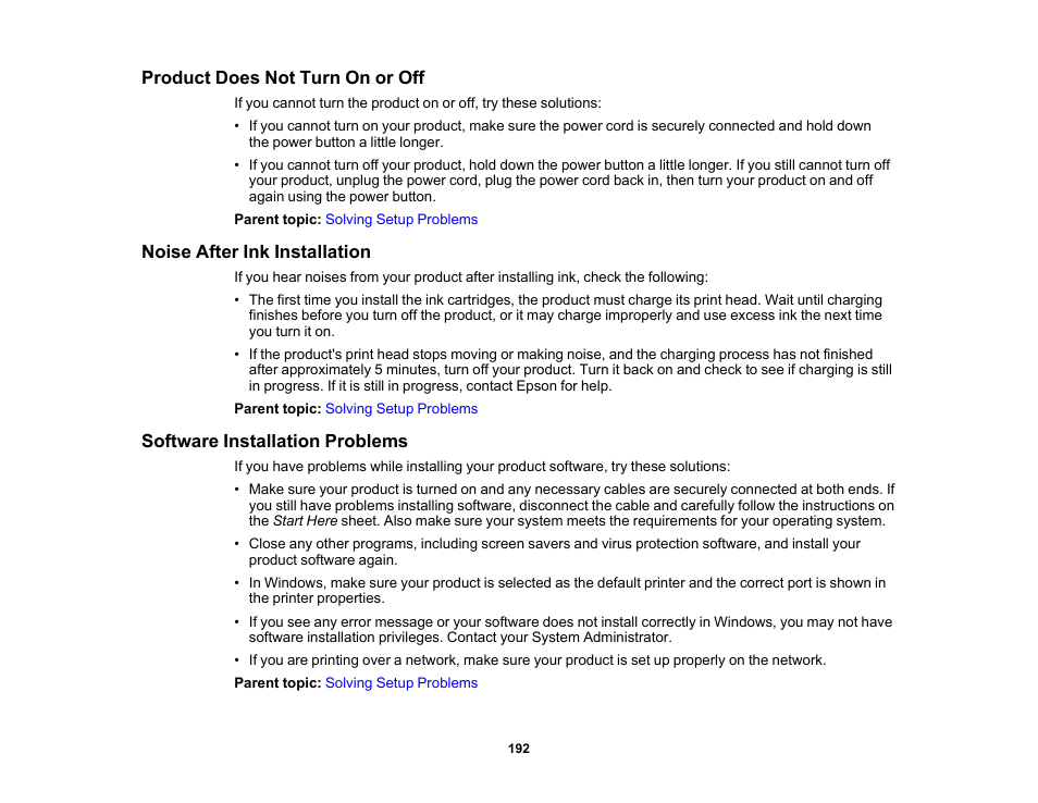 Product does not turn on or off, Noise after ink installation, Software installation problems | Epson WorkForce Pro WF-6090 Printer with PCL/PostScript User Manual | Page 192 / 252