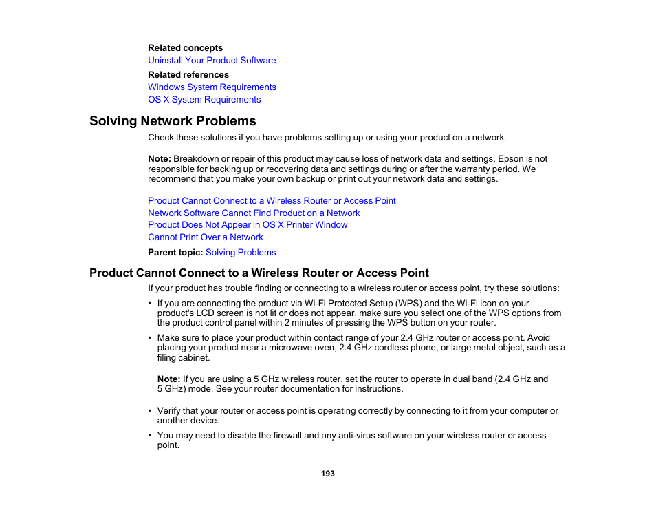 Solving network problems | Epson WorkForce Pro WF-6090 Printer with PCL/PostScript User Manual | Page 193 / 252