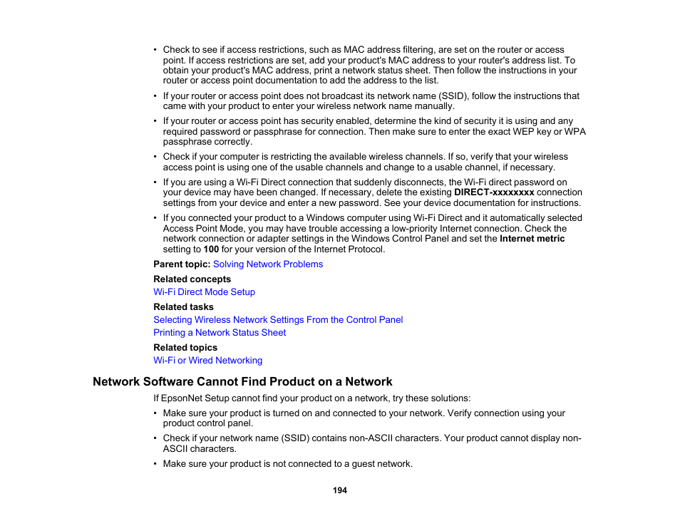 Network software cannot find product on a network | Epson WorkForce Pro WF-6090 Printer with PCL/PostScript User Manual | Page 194 / 252