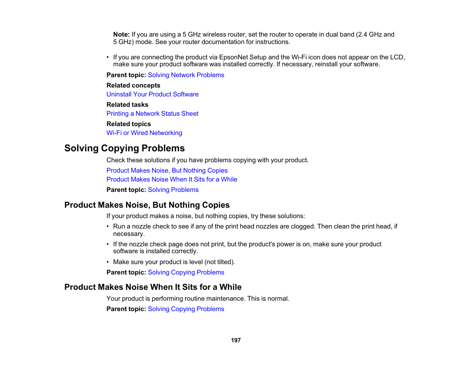 Solving copying problems, Product makes noise, but nothing copies, Product makes noise when it sits for a while | Epson WorkForce Pro WF-6090 Printer with PCL/PostScript User Manual | Page 197 / 252