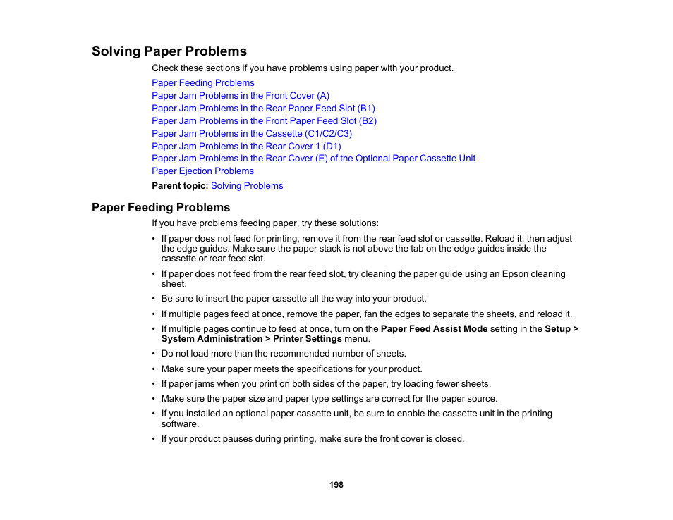 Solving paper problems, Paper feeding problems | Epson WorkForce Pro WF-6090 Printer with PCL/PostScript User Manual | Page 198 / 252