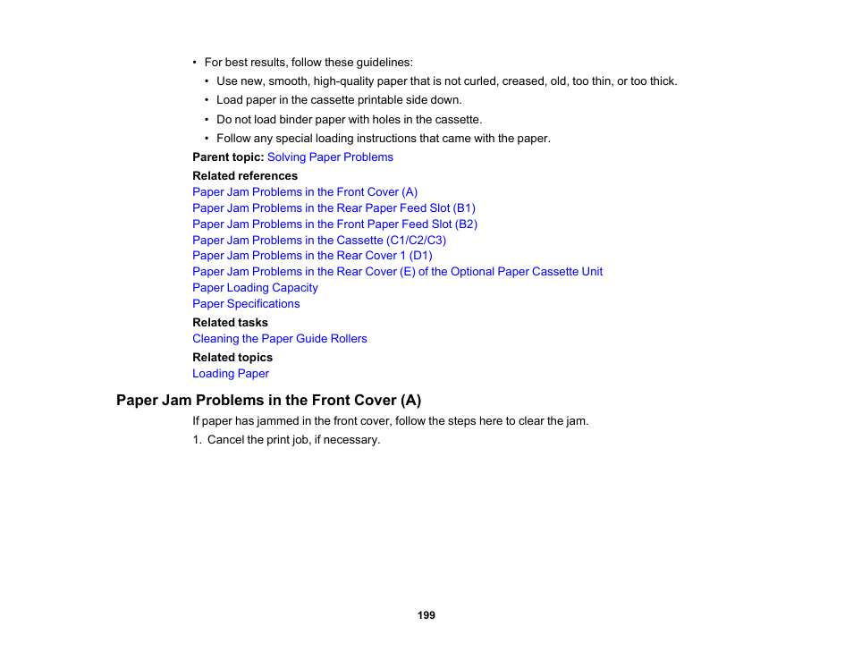 Paper jam problems in the front cover (a) | Epson WorkForce Pro WF-6090 Printer with PCL/PostScript User Manual | Page 199 / 252