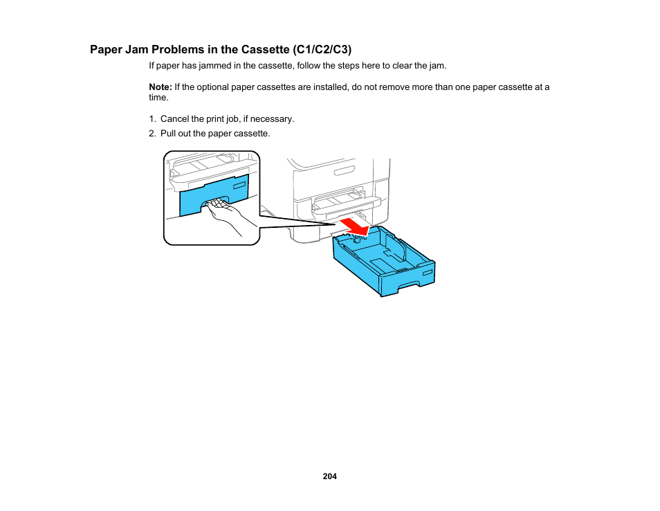 Paper jam problems in the cassette (c1/c2/c3) | Epson WorkForce Pro WF-6090 Printer with PCL/PostScript User Manual | Page 204 / 252