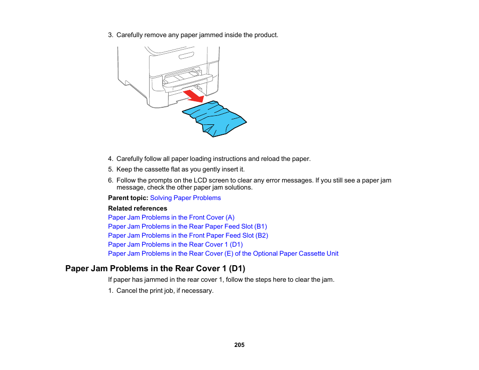 Paper jam problems in the rear cover 1 (d1) | Epson WorkForce Pro WF-6090 Printer with PCL/PostScript User Manual | Page 205 / 252