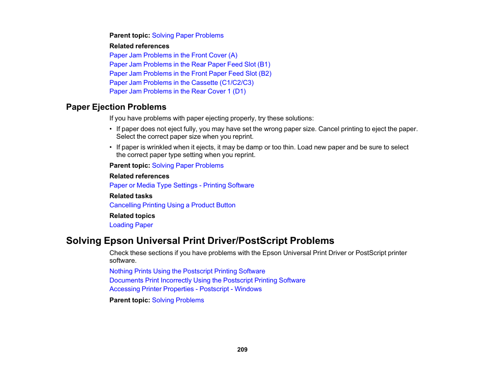 Paper ejection problems | Epson WorkForce Pro WF-6090 Printer with PCL/PostScript User Manual | Page 209 / 252