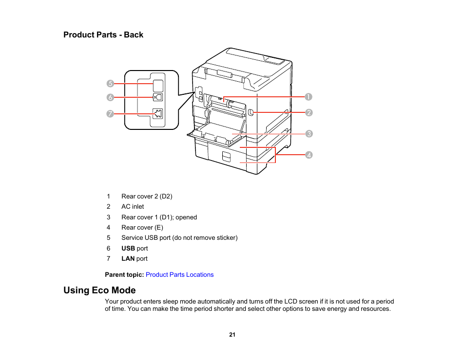 Product parts - back, Using eco mode | Epson WorkForce Pro WF-6090 Printer with PCL/PostScript User Manual | Page 21 / 252