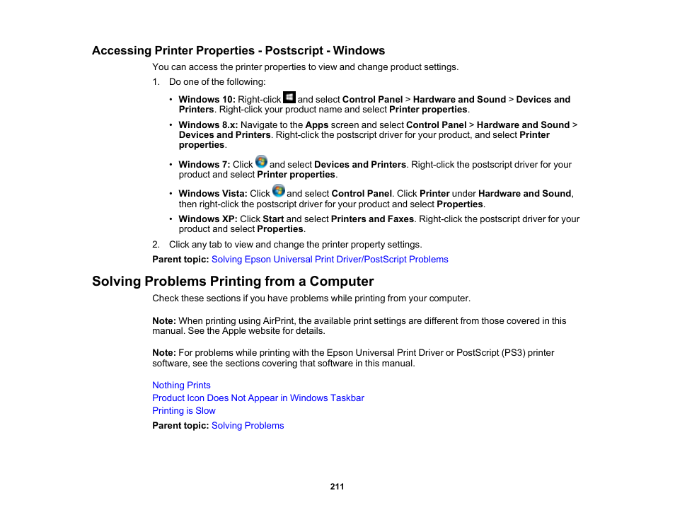 Solving problems printing from a computer | Epson WorkForce Pro WF-6090 Printer with PCL/PostScript User Manual | Page 211 / 252