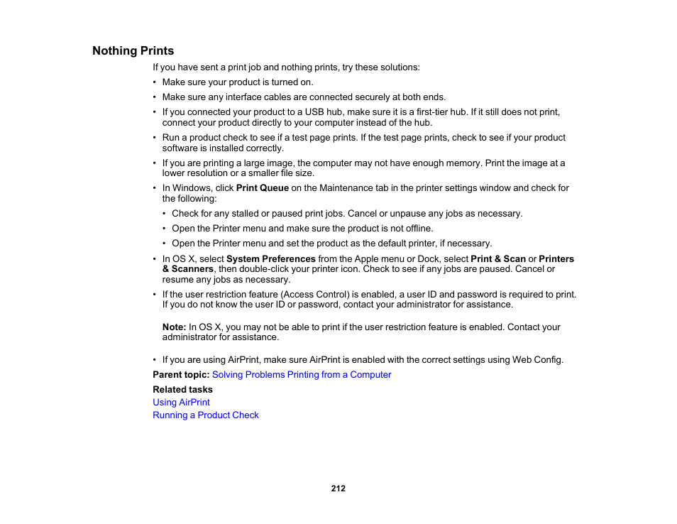 Nothing prints | Epson WorkForce Pro WF-6090 Printer with PCL/PostScript User Manual | Page 212 / 252