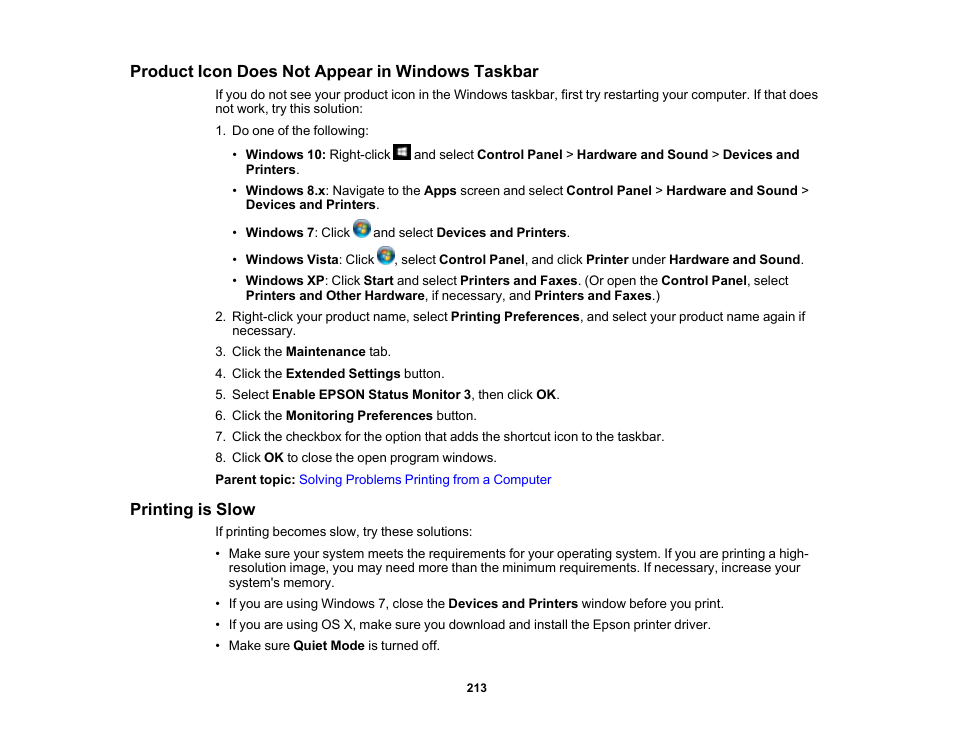 Product icon does not appear in windows taskbar, Printing is slow | Epson WorkForce Pro WF-6090 Printer with PCL/PostScript User Manual | Page 213 / 252