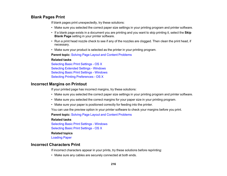 Incorrect margins on printout, Incorrect characters print | Epson WorkForce Pro WF-6090 Printer with PCL/PostScript User Manual | Page 216 / 252