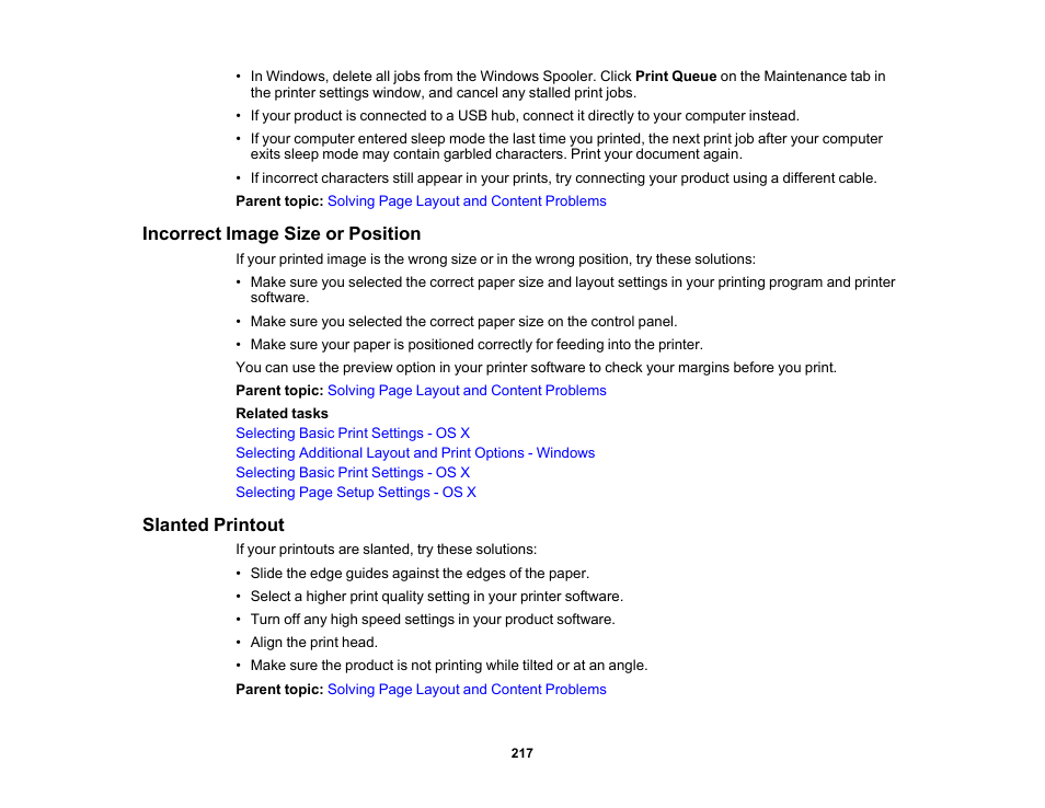 Incorrect image size or position, Slanted printout, Incorrect image size or position slanted printout | Epson WorkForce Pro WF-6090 Printer with PCL/PostScript User Manual | Page 217 / 252