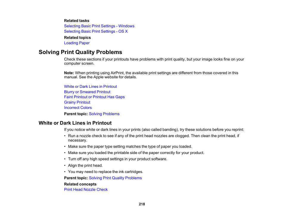 Solving print quality problems, White or dark lines in printout | Epson WorkForce Pro WF-6090 Printer with PCL/PostScript User Manual | Page 218 / 252