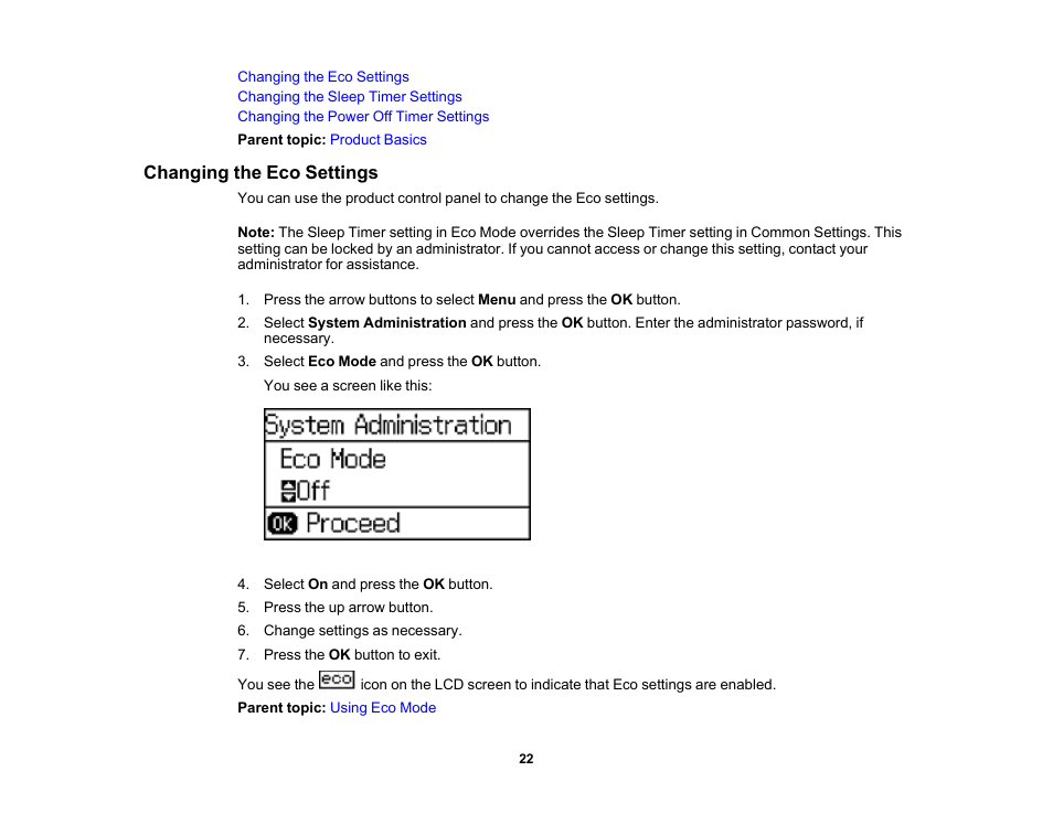 Changing the eco settings | Epson WorkForce Pro WF-6090 Printer with PCL/PostScript User Manual | Page 22 / 252