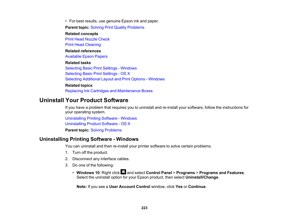 Uninstall your product software, Uninstalling printing software - windows | Epson WorkForce Pro WF-6090 Printer with PCL/PostScript User Manual | Page 223 / 252