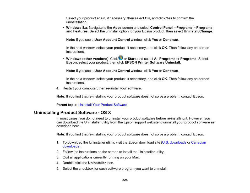 Uninstalling product software - os x | Epson WorkForce Pro WF-6090 Printer with PCL/PostScript User Manual | Page 224 / 252