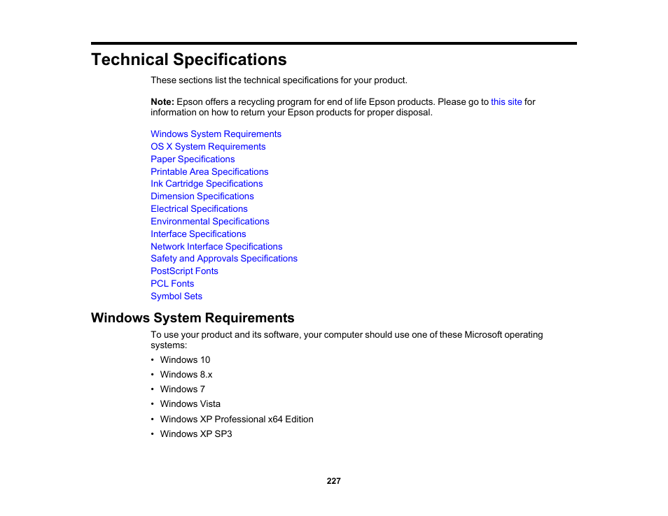 Technical specifications, Windows system requirements | Epson WorkForce Pro WF-6090 Printer with PCL/PostScript User Manual | Page 227 / 252