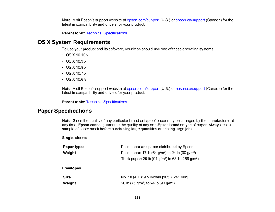 Os x system requirements, Paper specifications, Os x system requirements paper specifications | Epson WorkForce Pro WF-6090 Printer with PCL/PostScript User Manual | Page 228 / 252