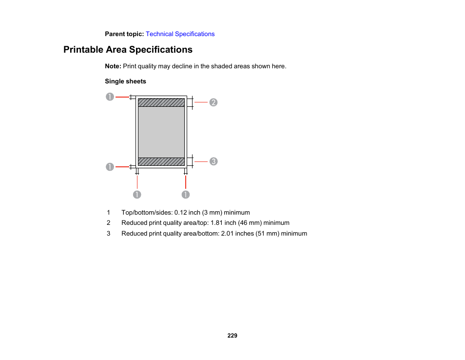 Printable area specifications | Epson WorkForce Pro WF-6090 Printer with PCL/PostScript User Manual | Page 229 / 252