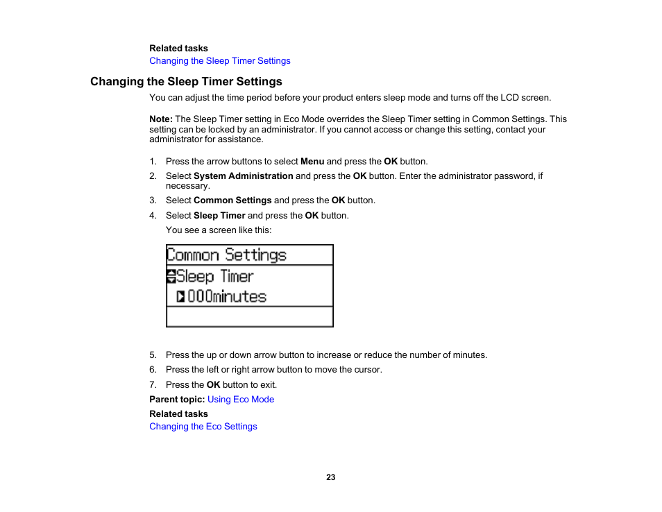 Changing the sleep timer settings | Epson WorkForce Pro WF-6090 Printer with PCL/PostScript User Manual | Page 23 / 252