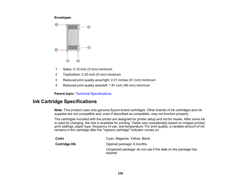 Ink cartridge specifications | Epson WorkForce Pro WF-6090 Printer with PCL/PostScript User Manual | Page 230 / 252