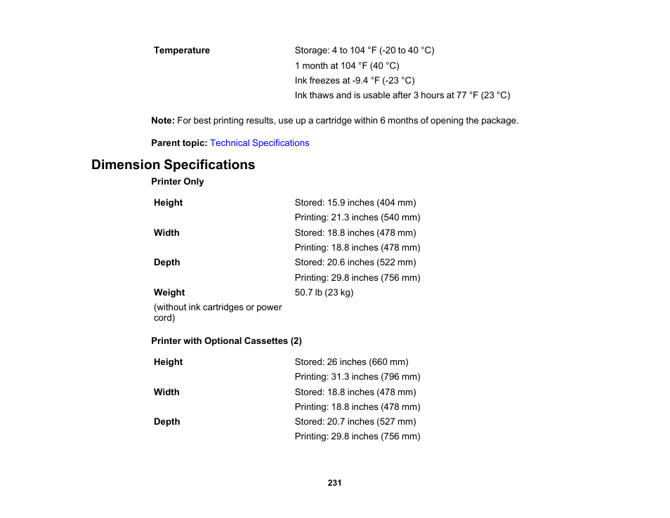 Dimension specifications | Epson WorkForce Pro WF-6090 Printer with PCL/PostScript User Manual | Page 231 / 252