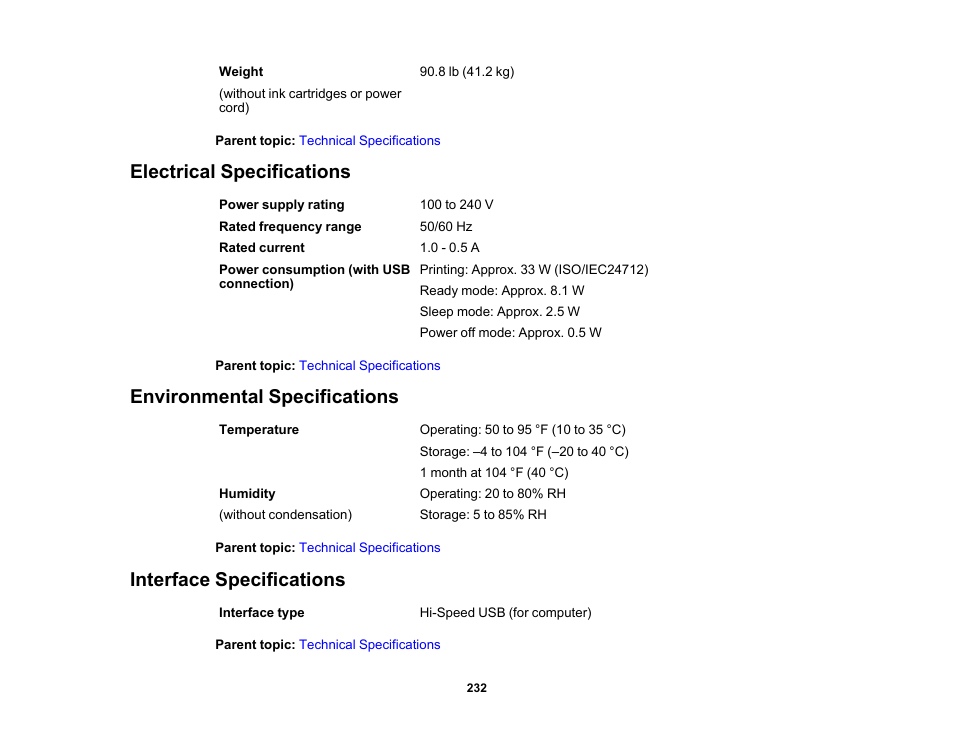 Electrical specifications, Environmental specifications, Interface specifications | Epson WorkForce Pro WF-6090 Printer with PCL/PostScript User Manual | Page 232 / 252