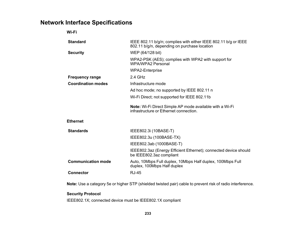 Network interface specifications | Epson WorkForce Pro WF-6090 Printer with PCL/PostScript User Manual | Page 233 / 252