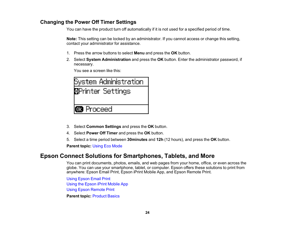 Changing the power off timer settings | Epson WorkForce Pro WF-6090 Printer with PCL/PostScript User Manual | Page 24 / 252