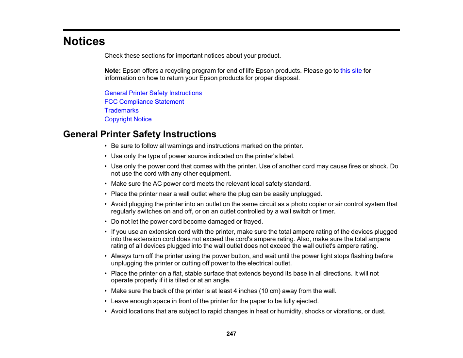 Notices, General printer safety instructions | Epson WorkForce Pro WF-6090 Printer with PCL/PostScript User Manual | Page 247 / 252