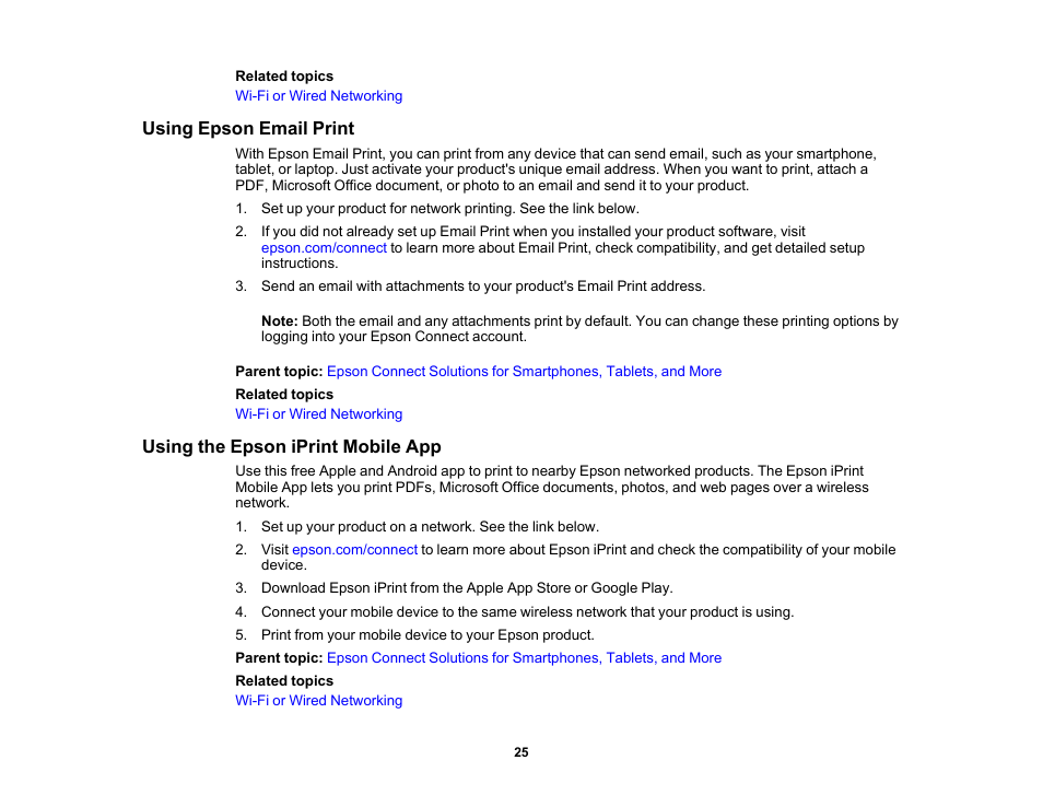 Using epson email print, Using the epson iprint mobile app | Epson WorkForce Pro WF-6090 Printer with PCL/PostScript User Manual | Page 25 / 252