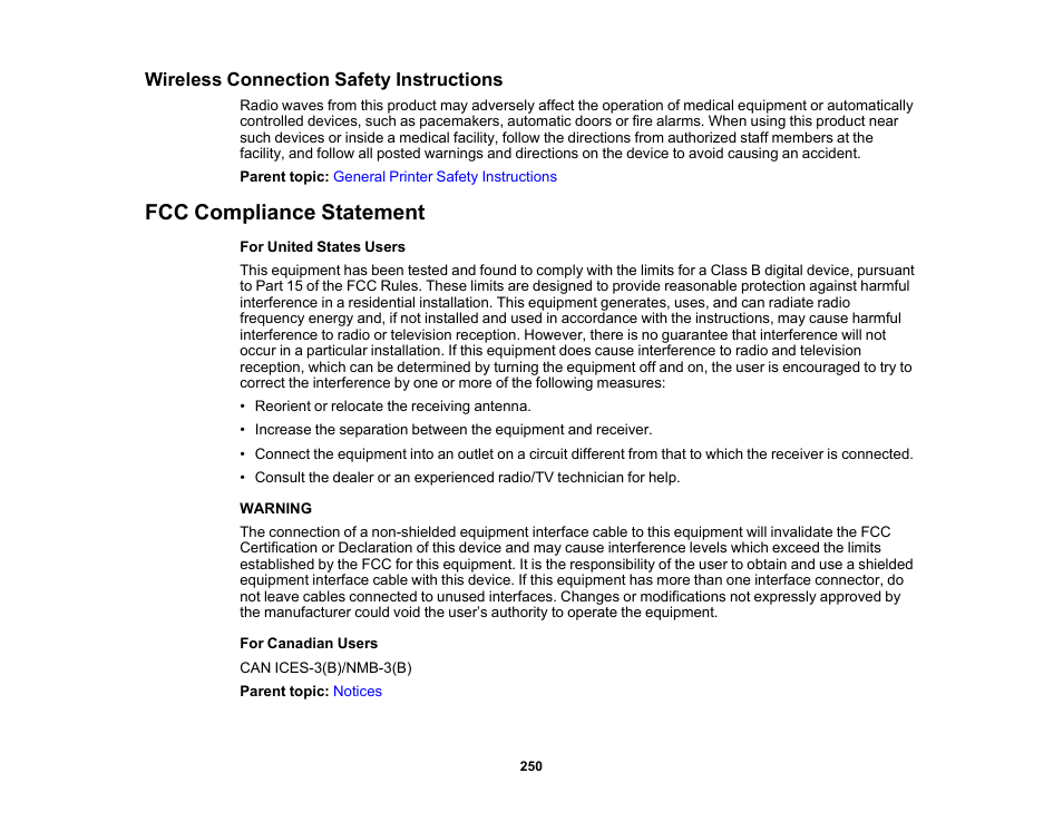 Wireless connection safety instructions, Fcc compliance statement | Epson WorkForce Pro WF-6090 Printer with PCL/PostScript User Manual | Page 250 / 252