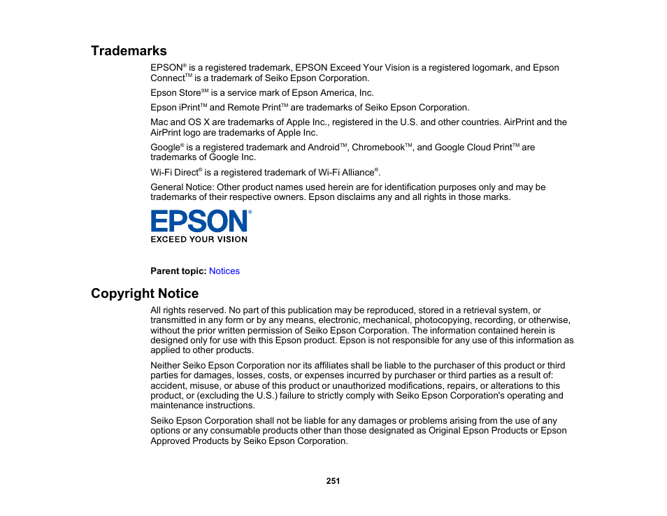Trademarks, Copyright notice | Epson WorkForce Pro WF-6090 Printer with PCL/PostScript User Manual | Page 251 / 252