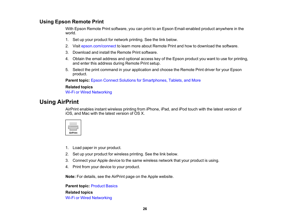 Using epson remote print, Using airprint | Epson WorkForce Pro WF-6090 Printer with PCL/PostScript User Manual | Page 26 / 252