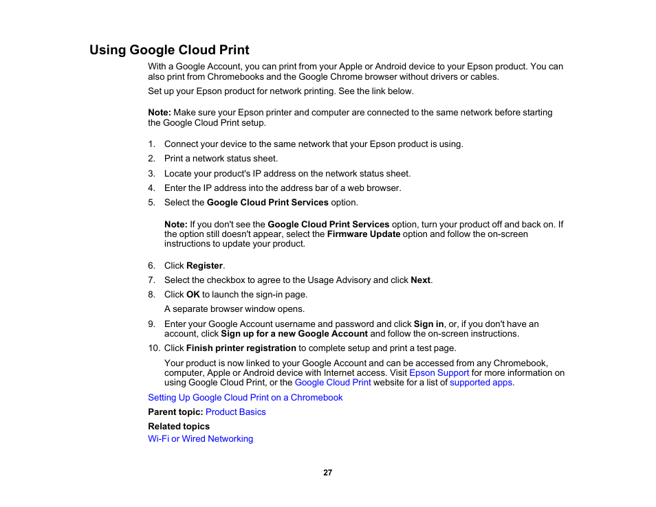 Using google cloud print | Epson WorkForce Pro WF-6090 Printer with PCL/PostScript User Manual | Page 27 / 252