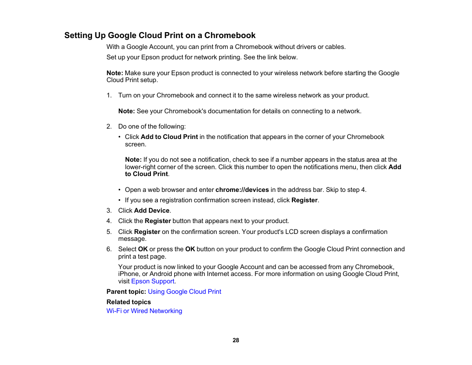 Setting up google cloud print on a chromebook | Epson WorkForce Pro WF-6090 Printer with PCL/PostScript User Manual | Page 28 / 252